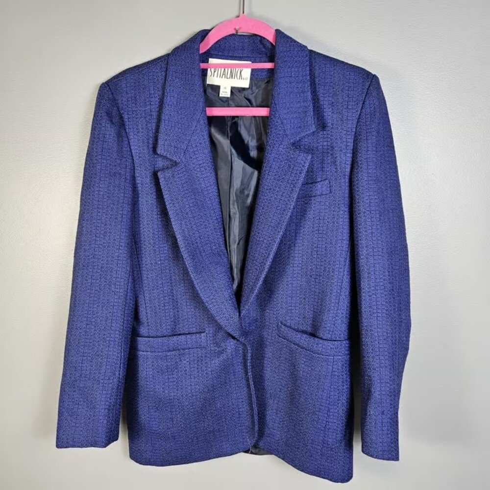 Vintage Spitalnick & Co. Blue Blazer One Button Green Accent Wool Blend Size 4
